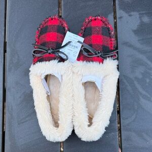 J. Crew Red and Black Checkered Slippers with Cream Lining